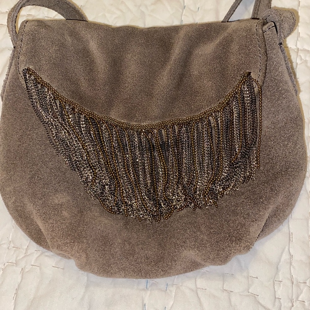 Taupe Suede Fringe Crossbody Bag